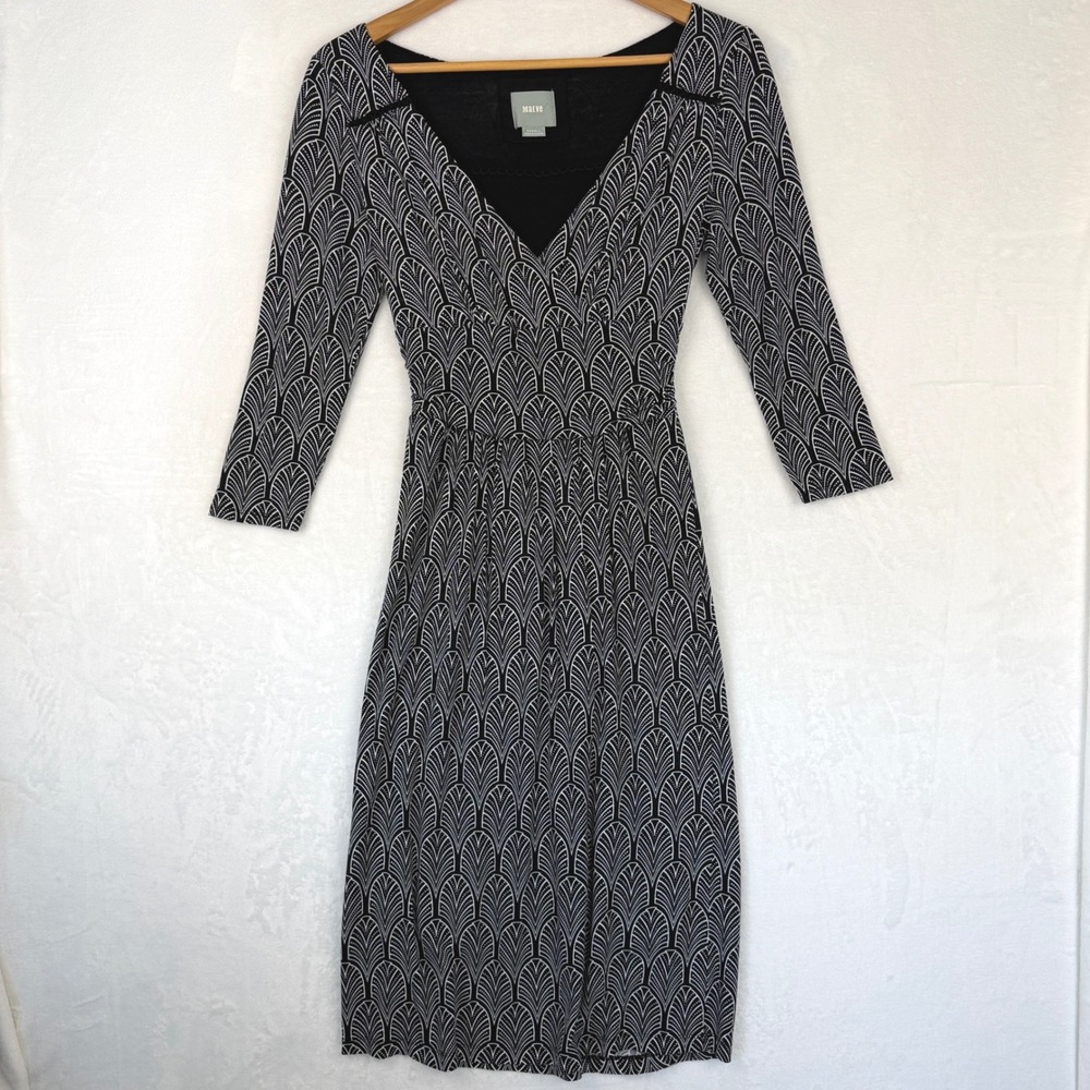 Anthropologie Maeve Galena Leaf Midi Dress‎ Black White 3/4 Sleeve XS